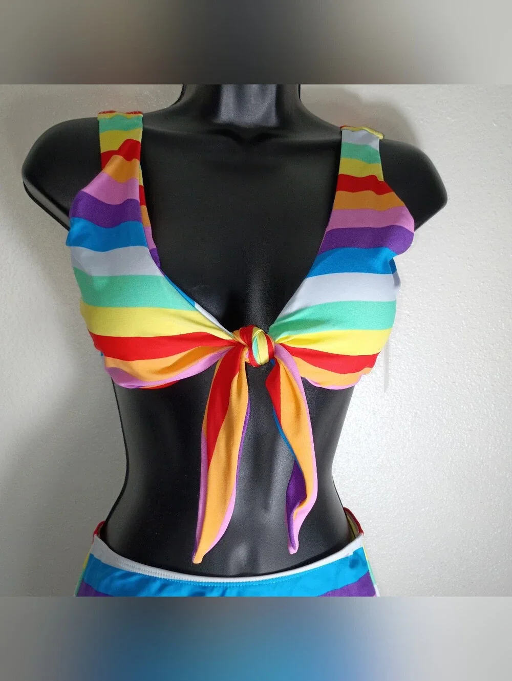 Bright Rainbow Striped Tie-Front High Waist Full  Bikini Bottom Set- Size Small
